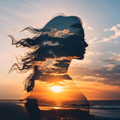 Fototapeta premium Double exposure. Transparent silhouette of a young woman against a sunset background.