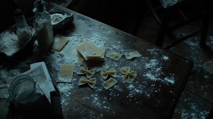Various pasta shapes like penne and bow ties arranged on a rustic table, accompanied by savory sauces and a generous sprinkle of parmesan.