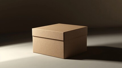 Brown cardboard box with a lid, beautifully lit to showcase its texture and shape against a soft shadow backdrop, ideal for packaging designs.