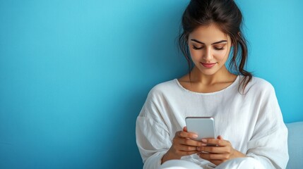 Fototapeta premium A young woman with a bright smile uses her phone while sitting on a couch against a blue wall.