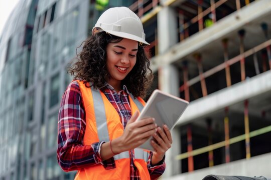 Outdoor planning and communication with technology for a project. A female engineer using a tablet for construction management, maintenance, and inspection tasks