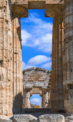 Temple of Neptune at Paestum in Italy: detail of the Doric columns.