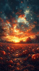 Autumn Night Sky with Jack-o'-Lanterns Illustration