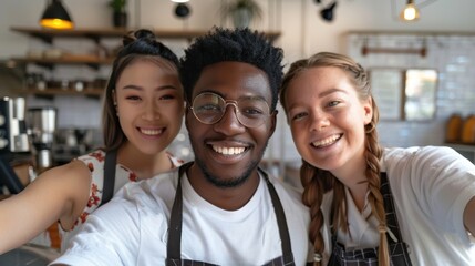 Varied team of designers capturing a selfie together. Joyful colleagues posing for a photo. Young fashion creators enjoying a moment in the studio. Group of professionals sharing fun at work