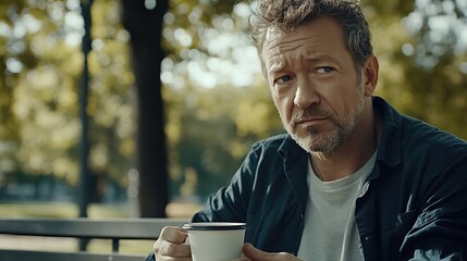 Fototapeta premium Middle-aged man with slight tremor holding cup of coffee on park bench, symbolizing struggle with Parkinson's disease, calm natural setting.