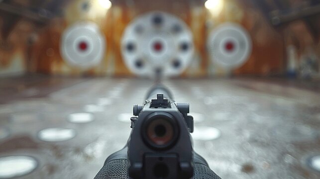 A firearm is aimed at distant targets in a shooting range setting.
