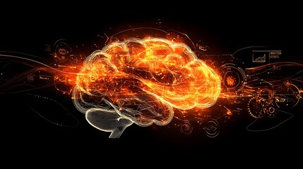 A glowing brain intertwined with gears and digital symbols, representing creative problem-solving.