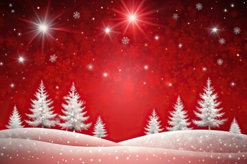 Festive red christmas background with snowy hills panoramic