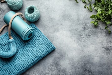 Home yoga setup with mat, towel, and decorative plants on gray textured surface