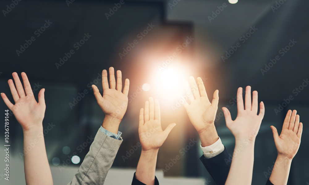 Poster palm, hands and group of business people with question for feedback in presentation, workshop and tr