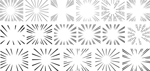 Collection of radial sunburst and explosion lines in various styles – vector elements for comic effects, retro designs, dynamic frames, and abstract backgrounds for visual emphasis.