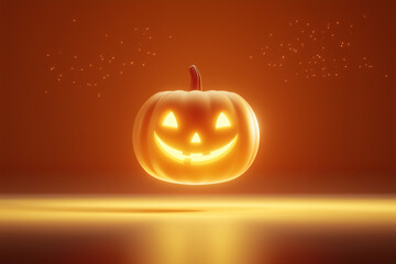 Glowing jack-o'-lantern with a happy face floating against an orange background.