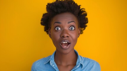 Astonished expression of a woman against a vibrant backdrop, reacting to an unexpected discount deal or exciting promotional news