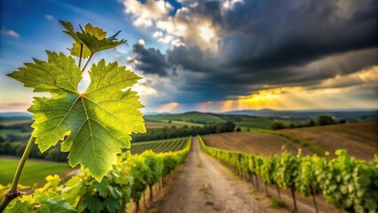 Fototapeta premium Italian vineyard in Molise with tree leaf in front, cloudy sky, blue sky