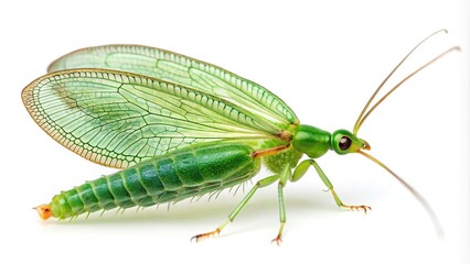 Long shot of green lacewing chrysopidae bug isolated on white background