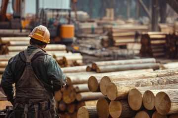 A logging worker skillfully sorts and stacks freshly cut logs at a busy lumber yard, showcasing the hard work and organization involved in timber processing.