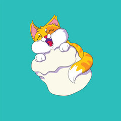 Cute orange cat Floating on Marshmallow Cloud with sky blue background. perfect for sticker.