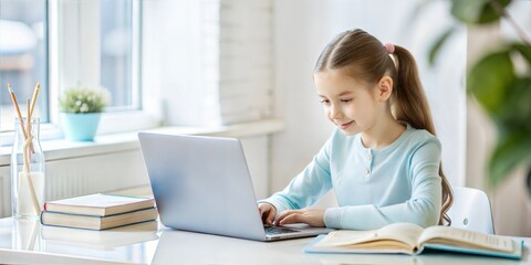 Asian Indian girl child studying at home on study table with computer, books, Globe model, victory trophy