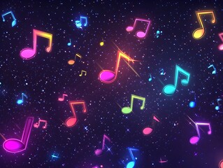 Glowing Neon Musical Notes Floating Against Starry Dark Background  Vibrant Colorful