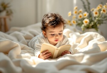 child reading a book in bed
