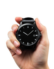 Elegant Black Watch Held in a Hand with Soft Skin Tone.