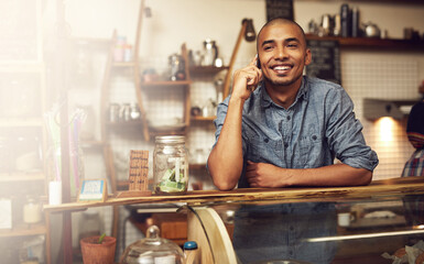 Phone call, talking and man in cafe, happy and communication with supplier, order and stock....