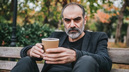 Fototapeta premium Middle-aged man with slight tremor holding cup of coffee on park bench, symbolizing struggle with Parkinson's disease, calm natural setting.
