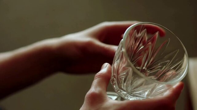 Close-up of hands holding a crystal glass