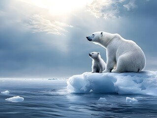 Fototapeta premium A Lone Polar Bear and Cub Atop Shrinking Arctic Ice Symbolic of the Global Warming Crisis