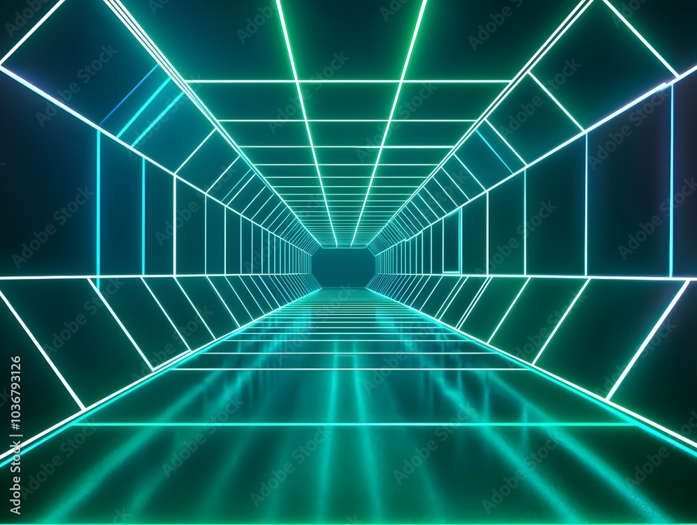 Poster futuristic neon background with intersecting laser like lines in bright green and blue creating a di