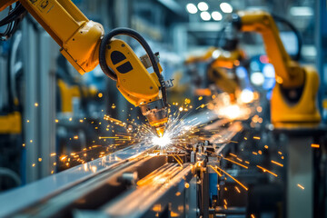 A robotic welding arm skillfully fuses metal components while sparks fly in a high-tech manufacturing setting, showcasing advanced automation at work.