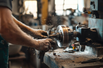 A skilled turner diligently repairs a damaged metal part using precise tools while metal shavings scatter around in a well-lit workshop environment.