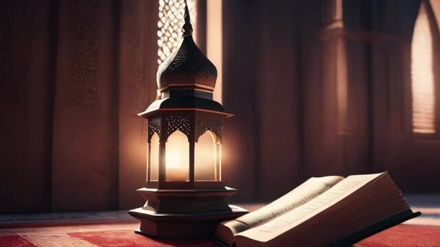 Islamic latern and Quran in the mosque with HD resolution with hyper realistic 4K Background.