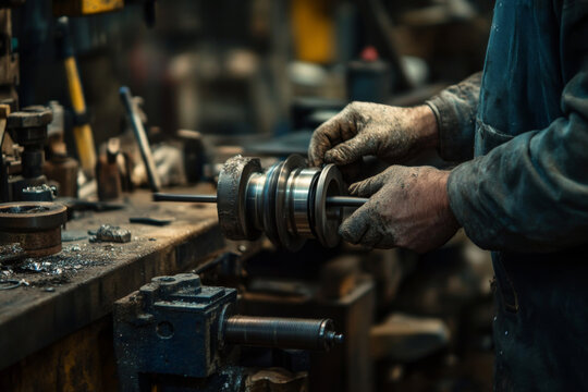 A skilled turner diligently repairs a damaged metal part using precise tools while metal shavings scatter around in a well-lit workshop environment.