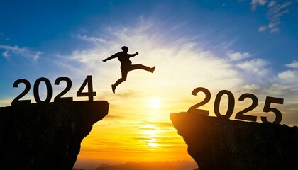 Happy new year 2025,Silhouette BusinessMan jumping from 2024 cliff to 2025 cliff on sky background