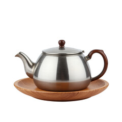 Elegant Stainless Steel Teapot with Wooden Handle on Tray.