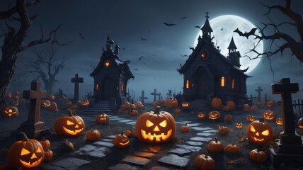 A spooky graveyard with two creepy churches, glowing pumpkins, and a full moon in the night sky.