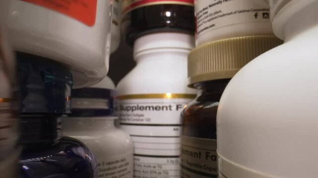 View of Multiple Dietary Supplement Bottles With Varying Label Information and Ingredient Details, Showcasing the Diversity in Nutritional Facts and Packaging Types. Scrolling Through Various Dietary