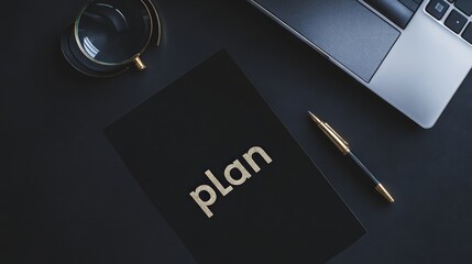 A sleek workspace featuring a notebook, pen, and laptop, emphasizing planning and organization.