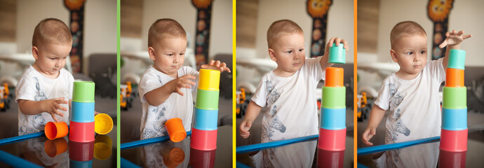 Children engaging in concentration exercises by stacking colorful cups to enhance cognitive...