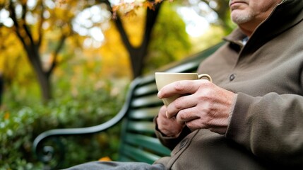 Fototapeta premium Middle-aged man with slight tremor holding cup of coffee on park bench, symbolizing struggle with Parkinson's disease, calm natural setting.