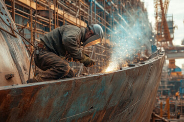A skilled welder is focused on welding the hull of a large ship, surrounded by the bustling activity of a shipyard, with sparks flying in the air.