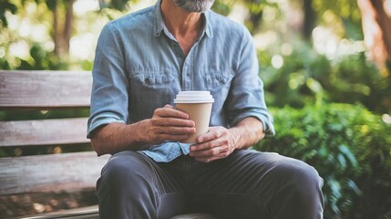 Middle-aged man with slight tremor holding cup of coffee on park bench, symbolizing struggle with Parkinson's disease, calm natural setting.