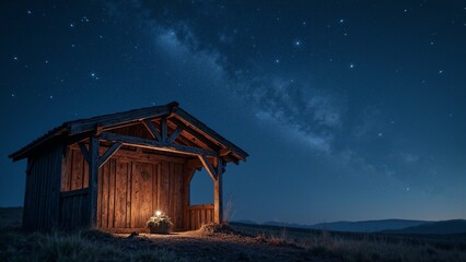 Rustic Wooden Stable Under Starry Night Sky: Nativity Scene for Christmas Cards and Religious Events