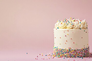 A festive cake with colorful confetti sprinkles and buttercream frosting, placed on a blank pastel-colored background. The image leaves blank space for event invitations or promotional designs.