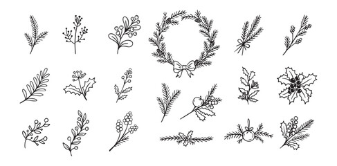 Obraz premium Christmas plant decoration doodle set. Simple hand drawn decor for a festive Christmas and New Years.
