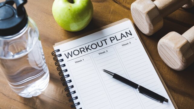 Workout plan with apple, dumbbells, water bottle on wooden table.