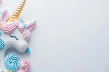 A whimsical unicorn cake with pastel-colored frosting, placed against a blank white background. The fun, playful design leaves space for text or branding, ideal for children’s party invitations or ads