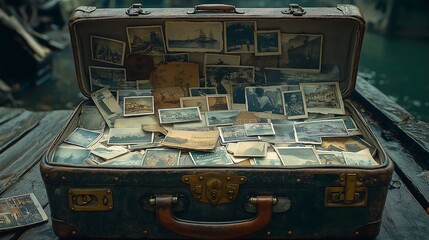 An antique suitcase full of postcards, photos and souvenirs from various places around the world