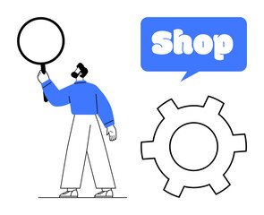 Man holding magnifying glass next to blue shop text in speech bubble and gear symbol. Ideal for business, commerce, search optimization, e-commerce, and shopping themes. Simple and modern style